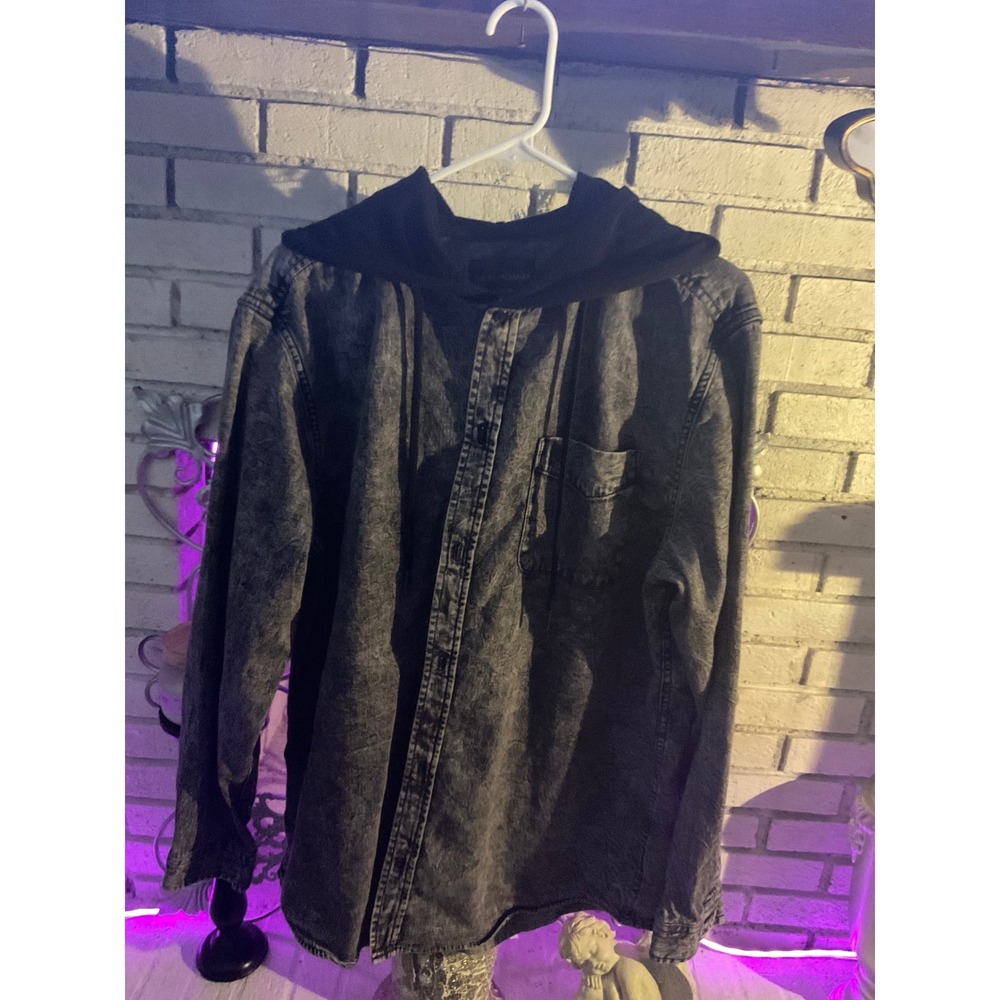 No Boundaries Mens Acid Wash Denim Hooded Shirt Grey Black Long Sleeve Large